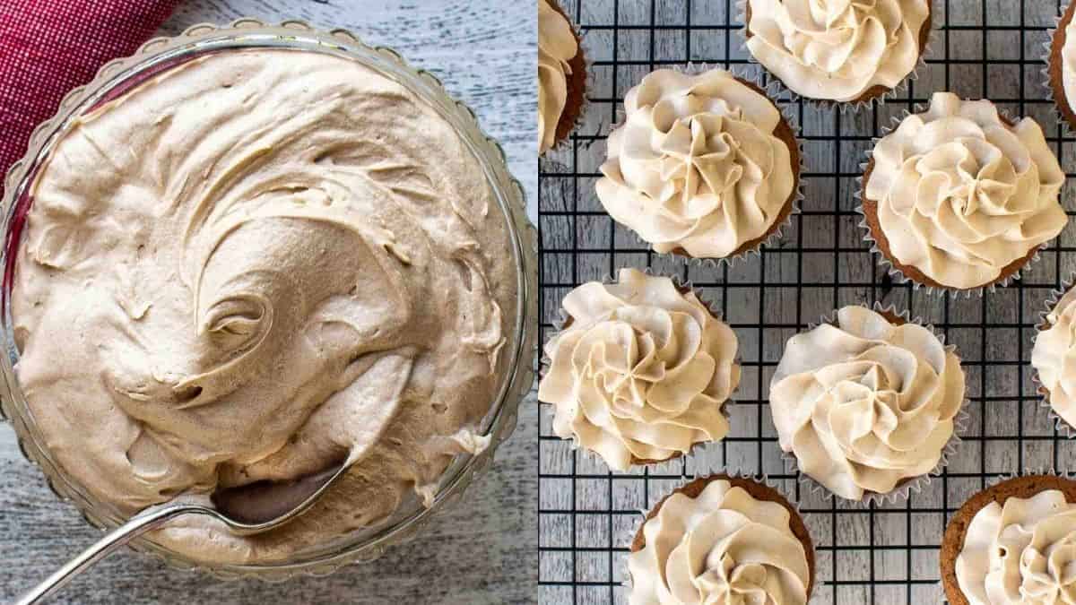 Coffee buttercream frosting on a cupcake.