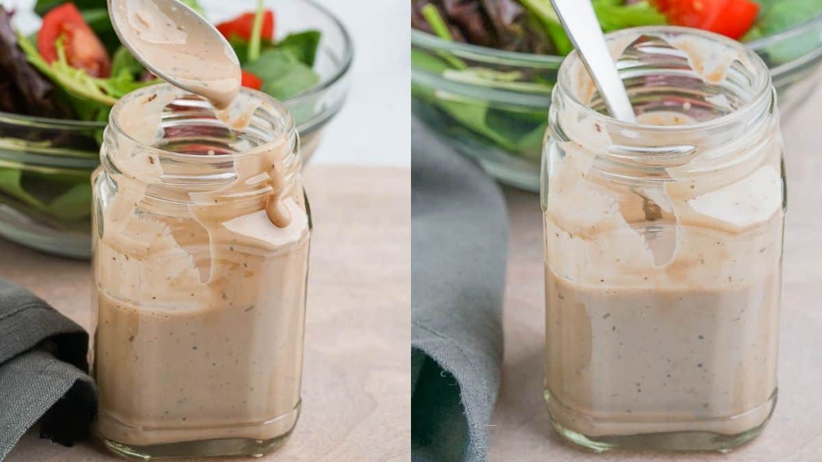Homemade balsamic dressing made of Greek yogurt stored in a mason jar.