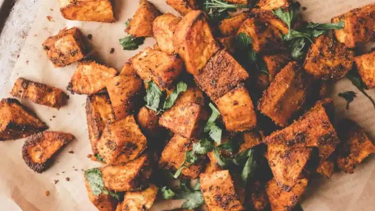 Freshly cooked cumin roasted sweet potatoes.