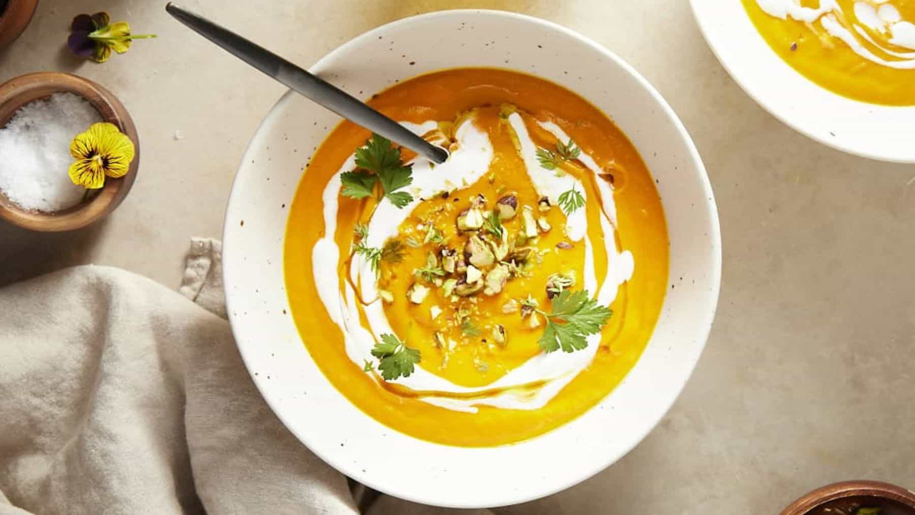 Beautiful bowl of curried carrot ginger soup. 