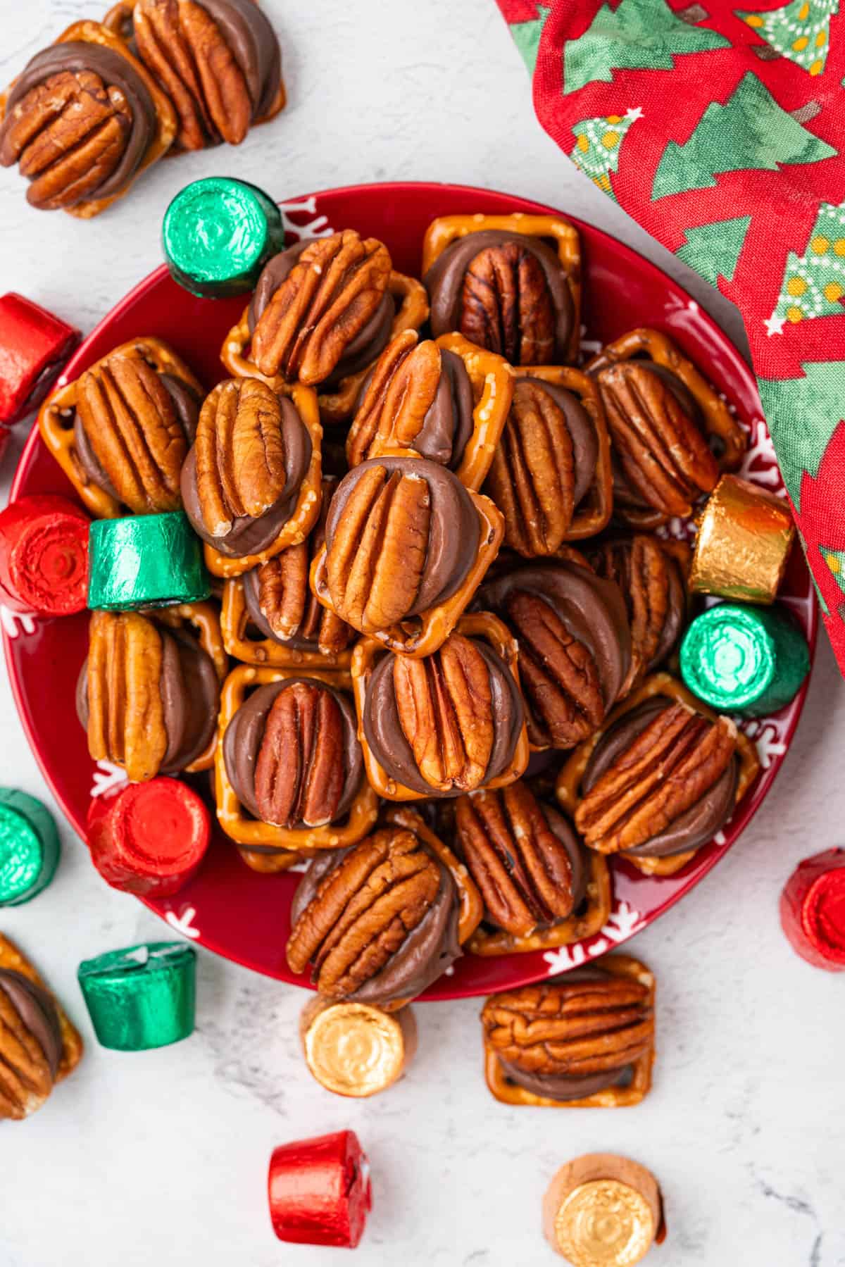 overhead shot of plated Christmas Rolo Pretzel Turtles