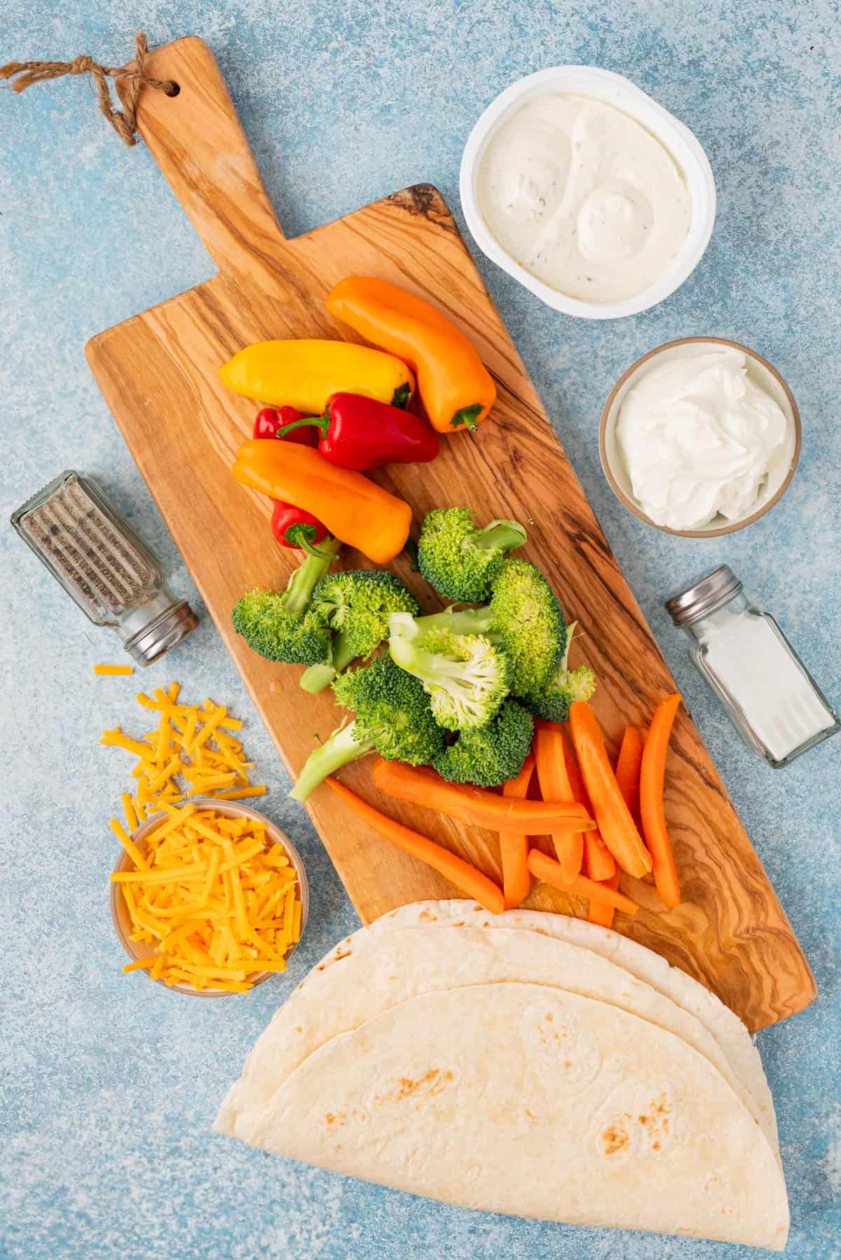 The ingredients to make Cold Veggie Pinwheels