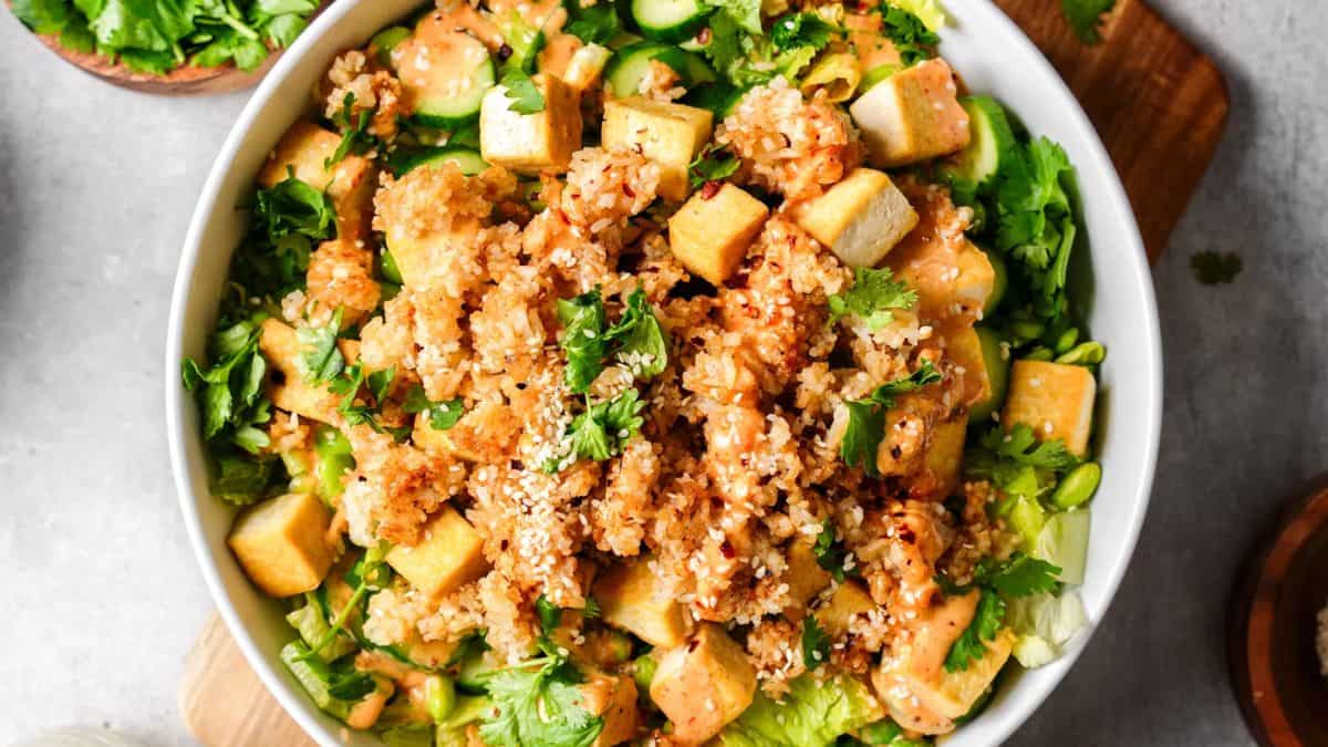 A plate of vegan crispy rice salad