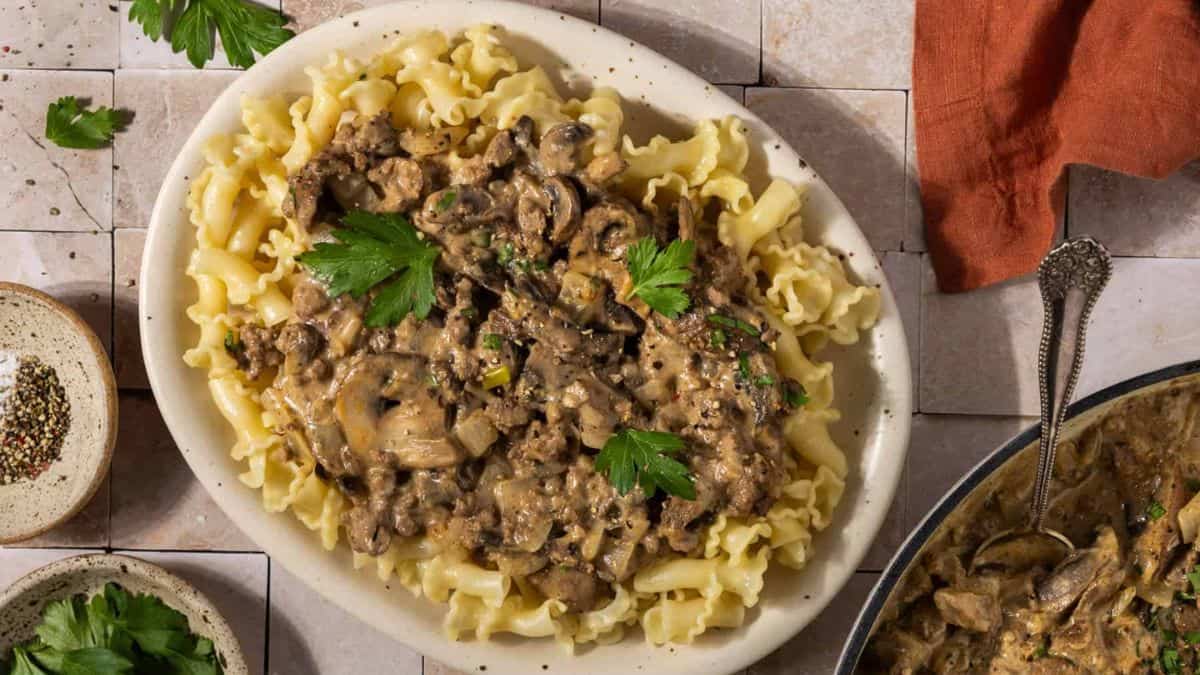 Ground beef stroganoff over pasta.