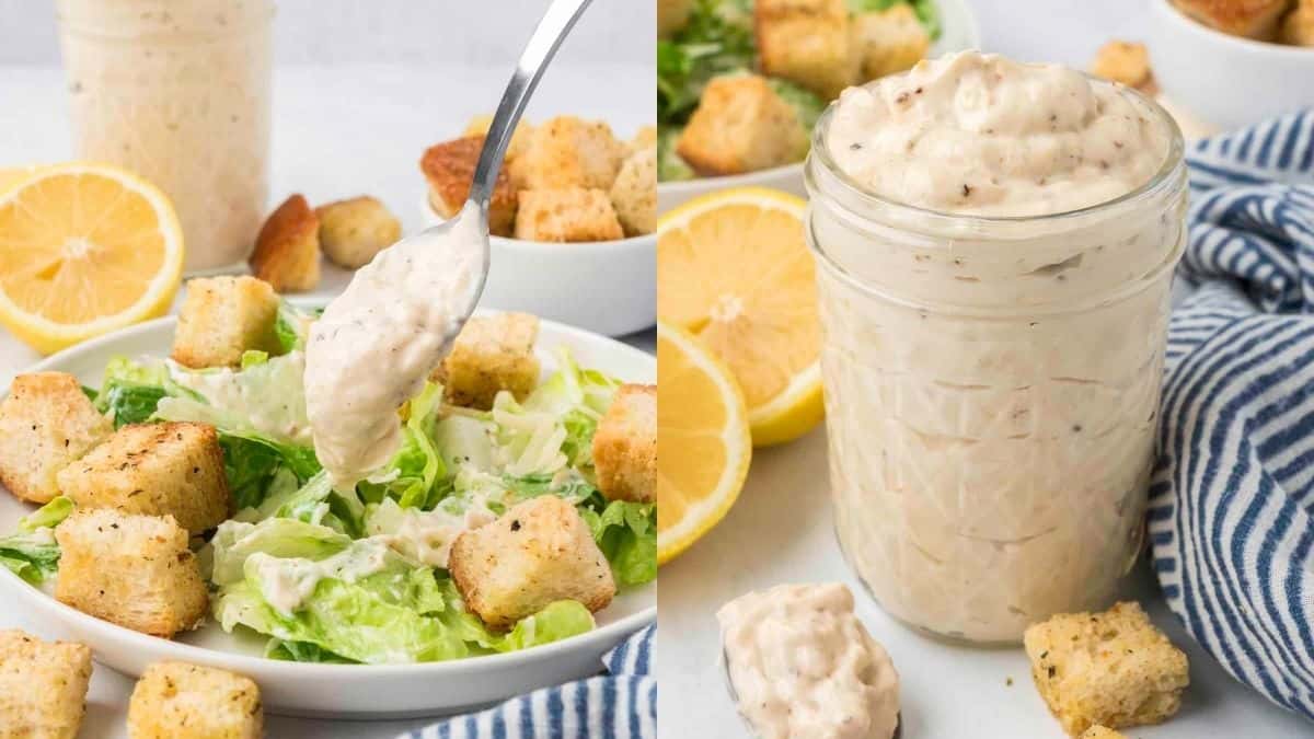 Homemade Caesar salad dressing on green salad and croutons