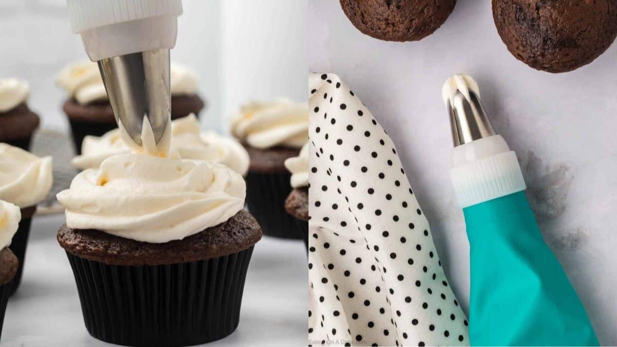 Marshmallow fluff frosting on chocolate cupcake.