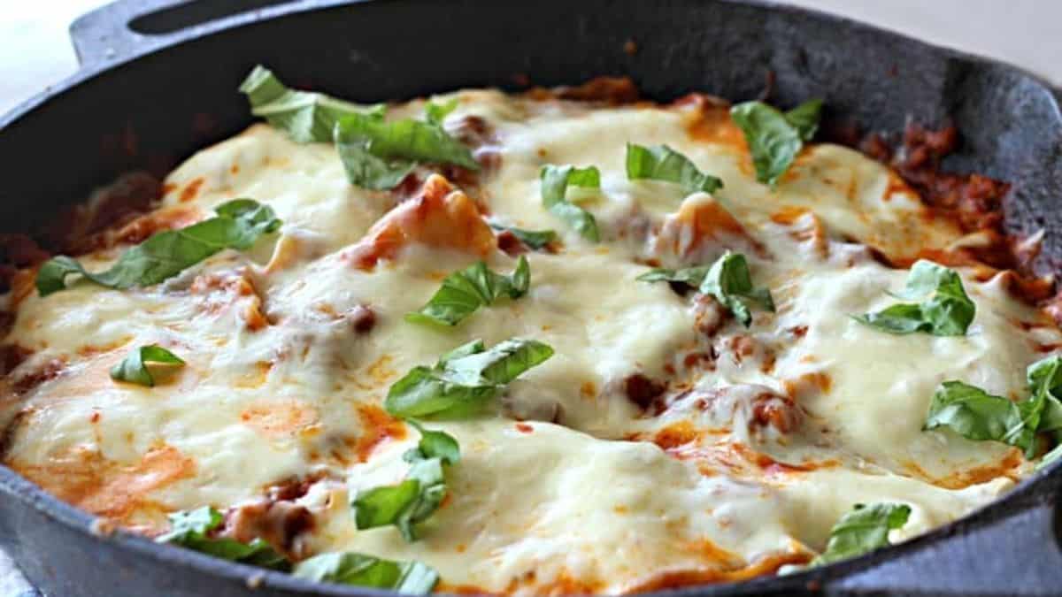 Lasagna on a skillet.