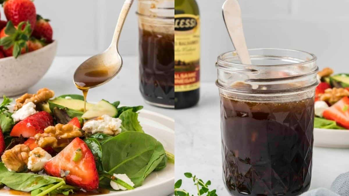 Sweet balsamic dressing on a strawberry salad.