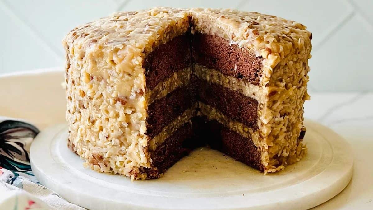 German chocolate cake with beautiful layers.
