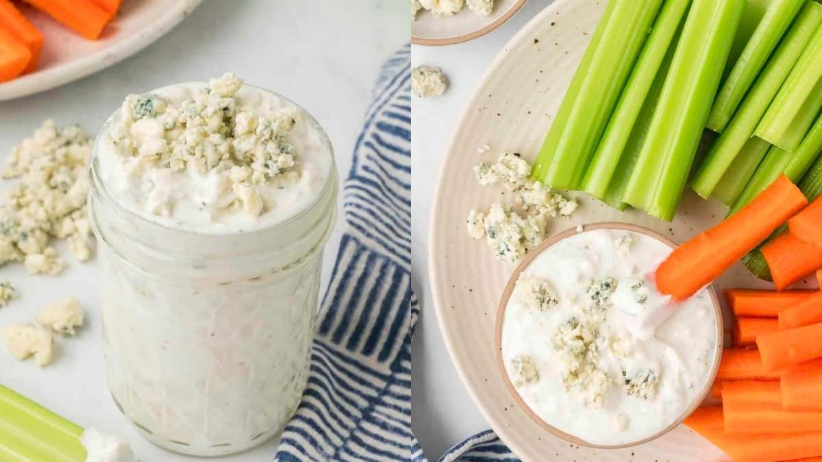 Greek yogurt blue cheese dressing with crispy and fresh vegetables.