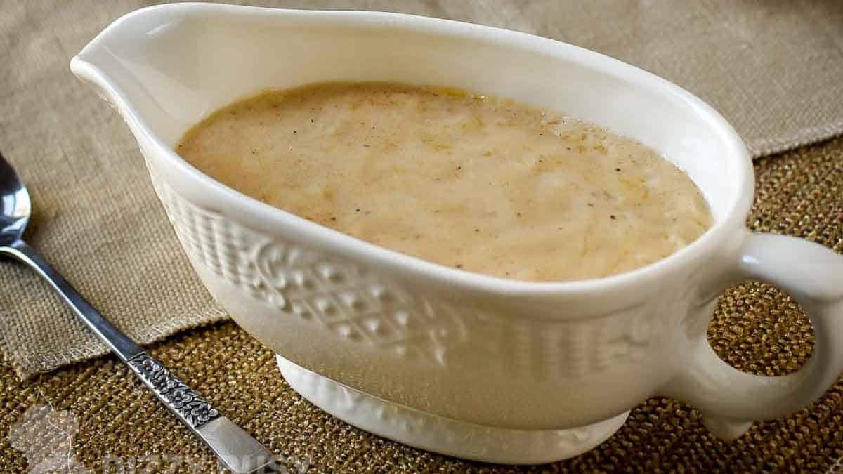 Homemade gravy in a bowl.