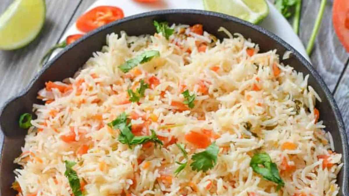 Spanish rice in a pot.
