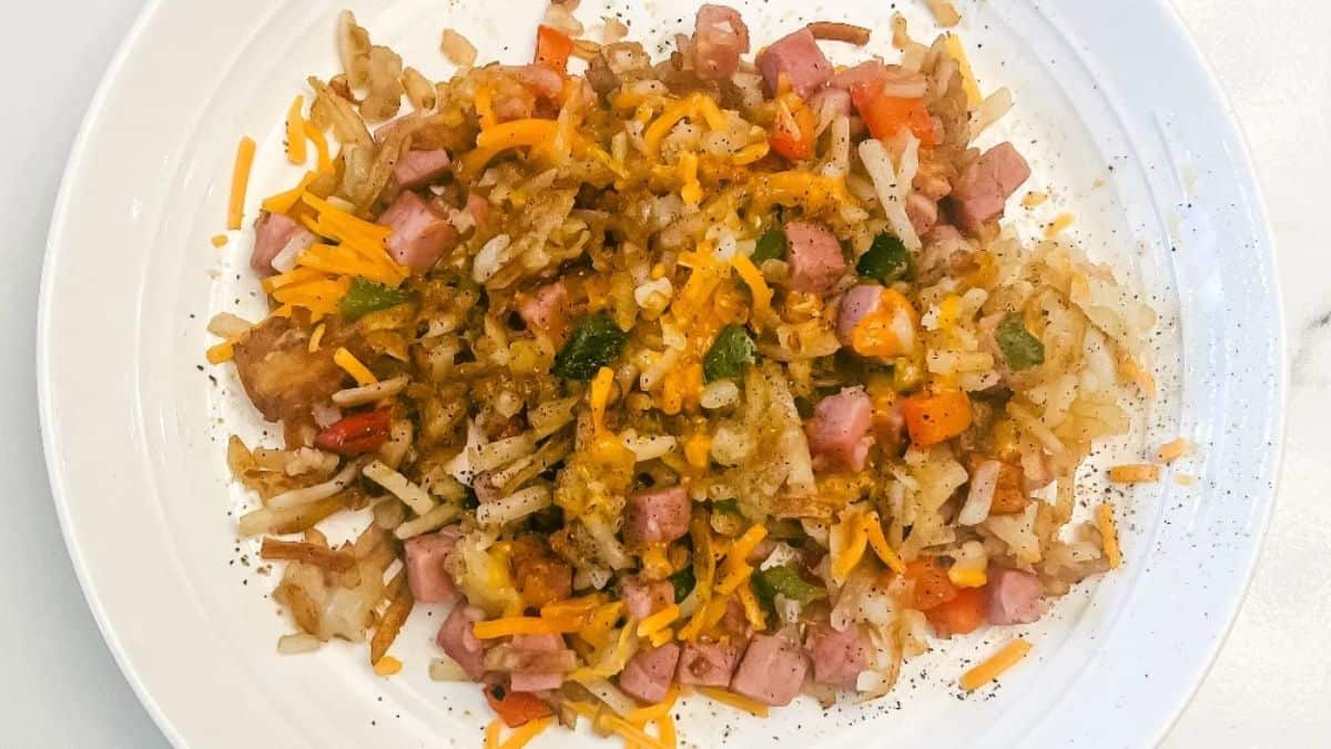 A plate of loaded hashbrowns.