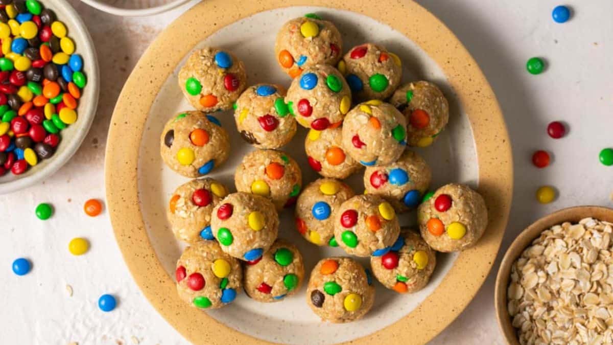 Colorful plate of monster cookie protein balls