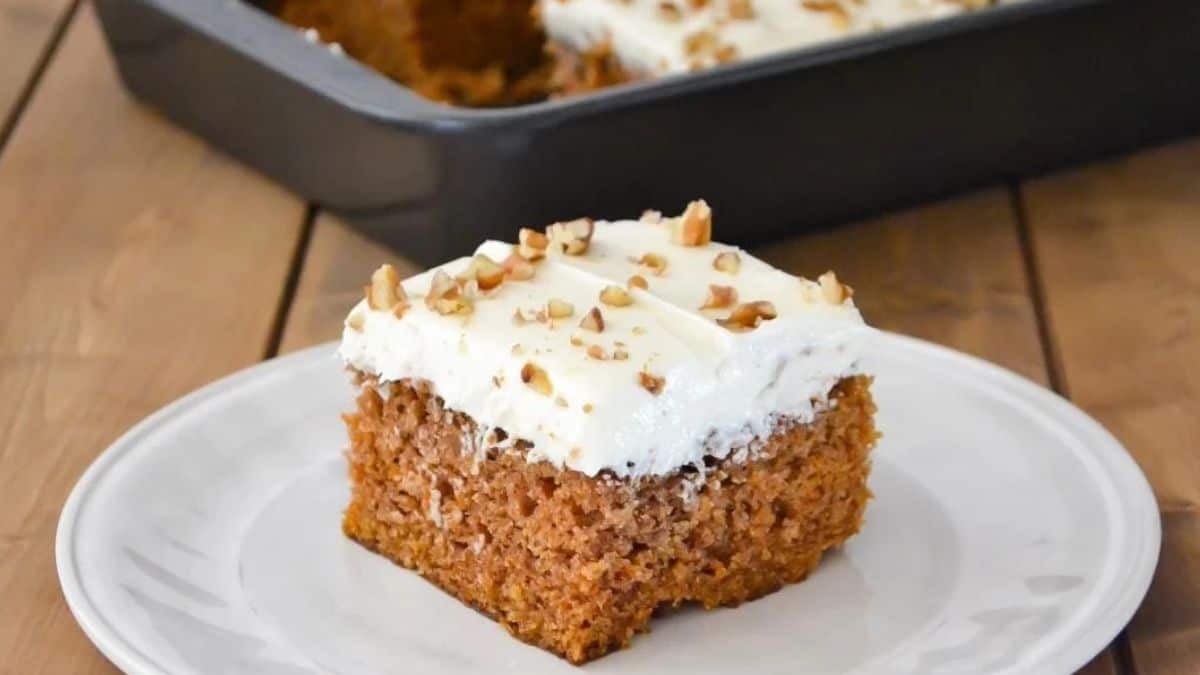 A perfect square size of old fashioned carrot cake.