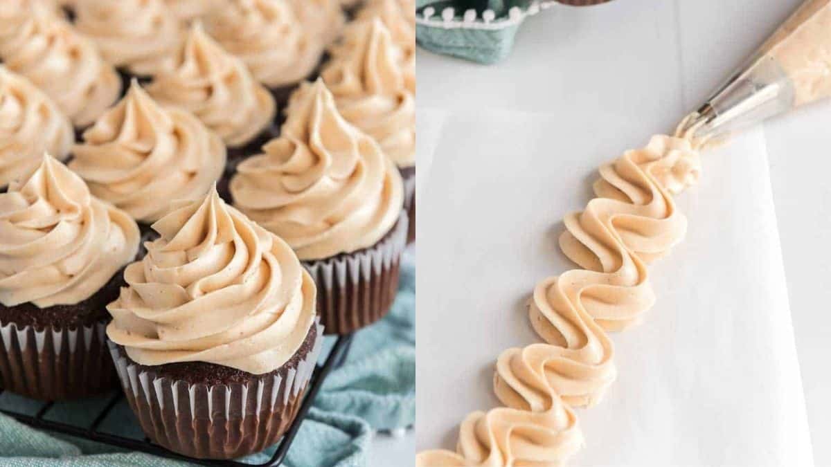 Peanut butter buttercream icing on chocolate cupcakes.