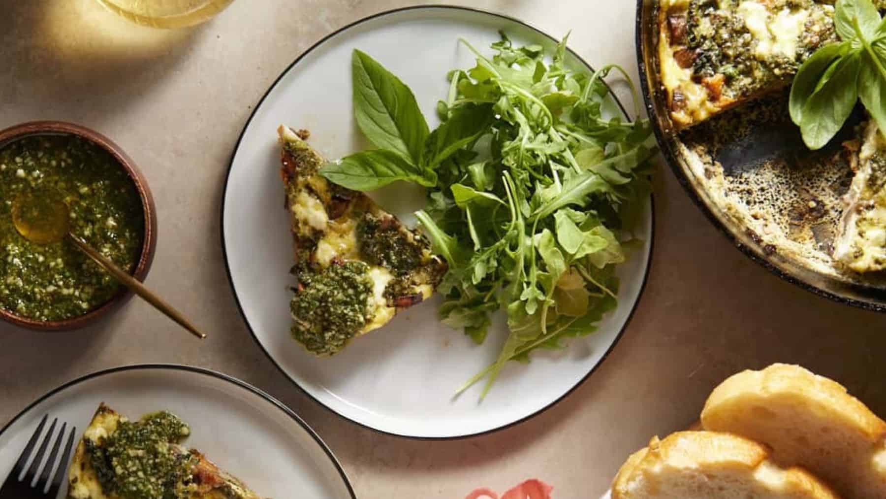 Sliced of pesto, veggie, and sweet potato frittata.