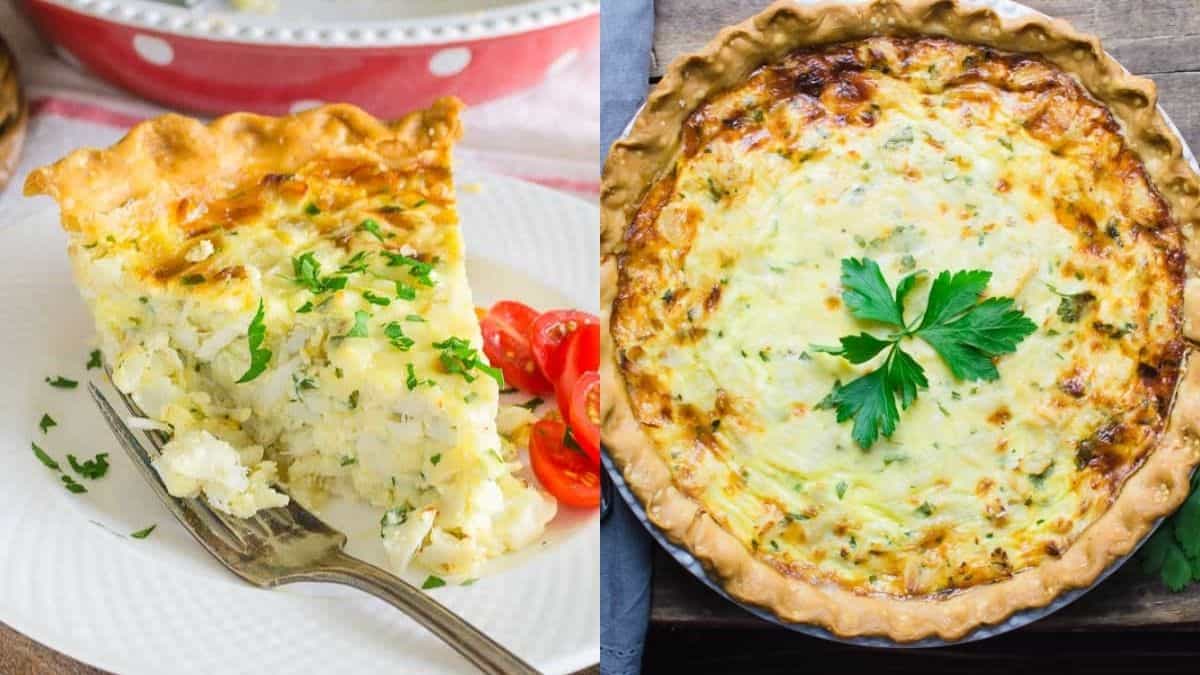 Freshly baked rustic crab quiche garnished with fresh parsley.