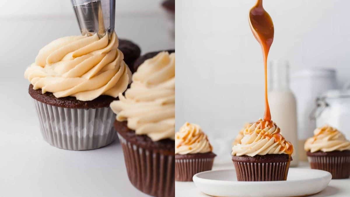 Salted buttercream frosting on chocolate cupcake.