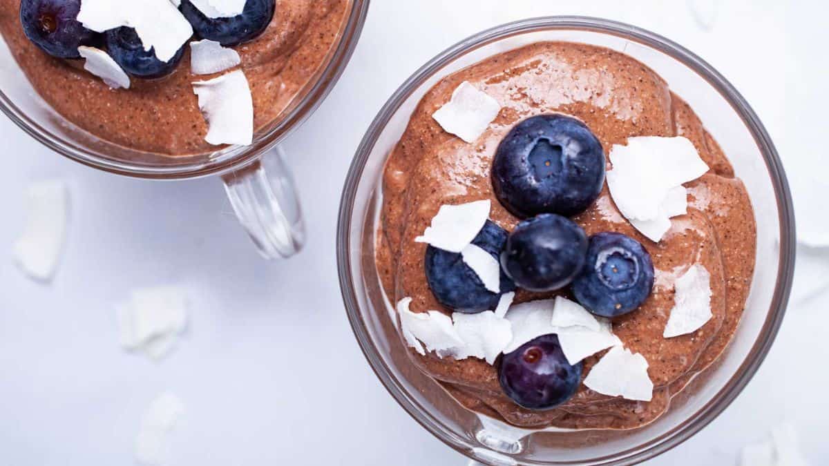 A beautiful serving of smooth blended chocolate chia mousse.