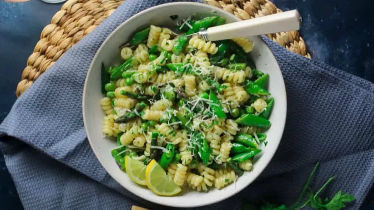 A plate of spring vegetable pasta primavera.