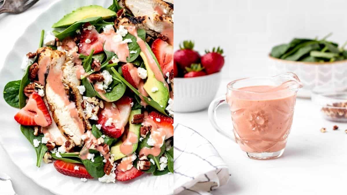 Strawberry balsamic vinaigrette on grilled chicken and strawberry salad.