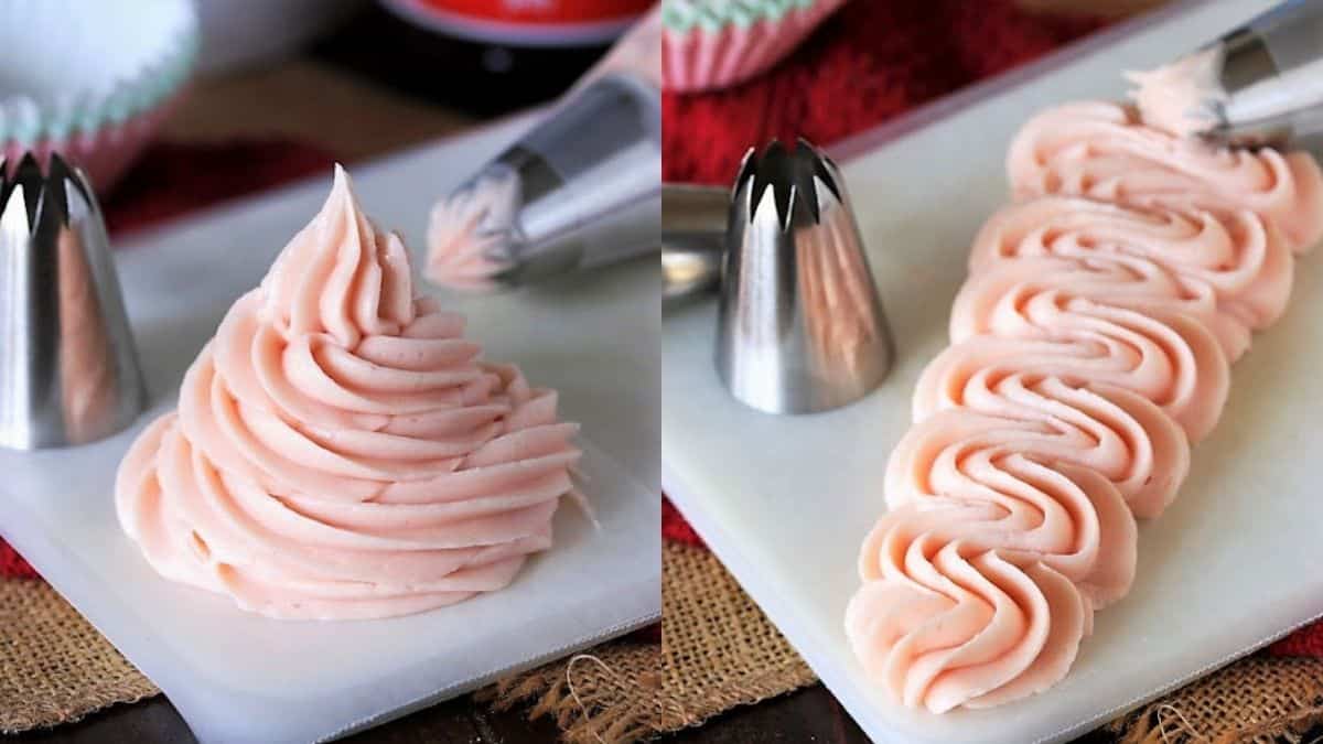Piped strawberry cream cheese frosting.