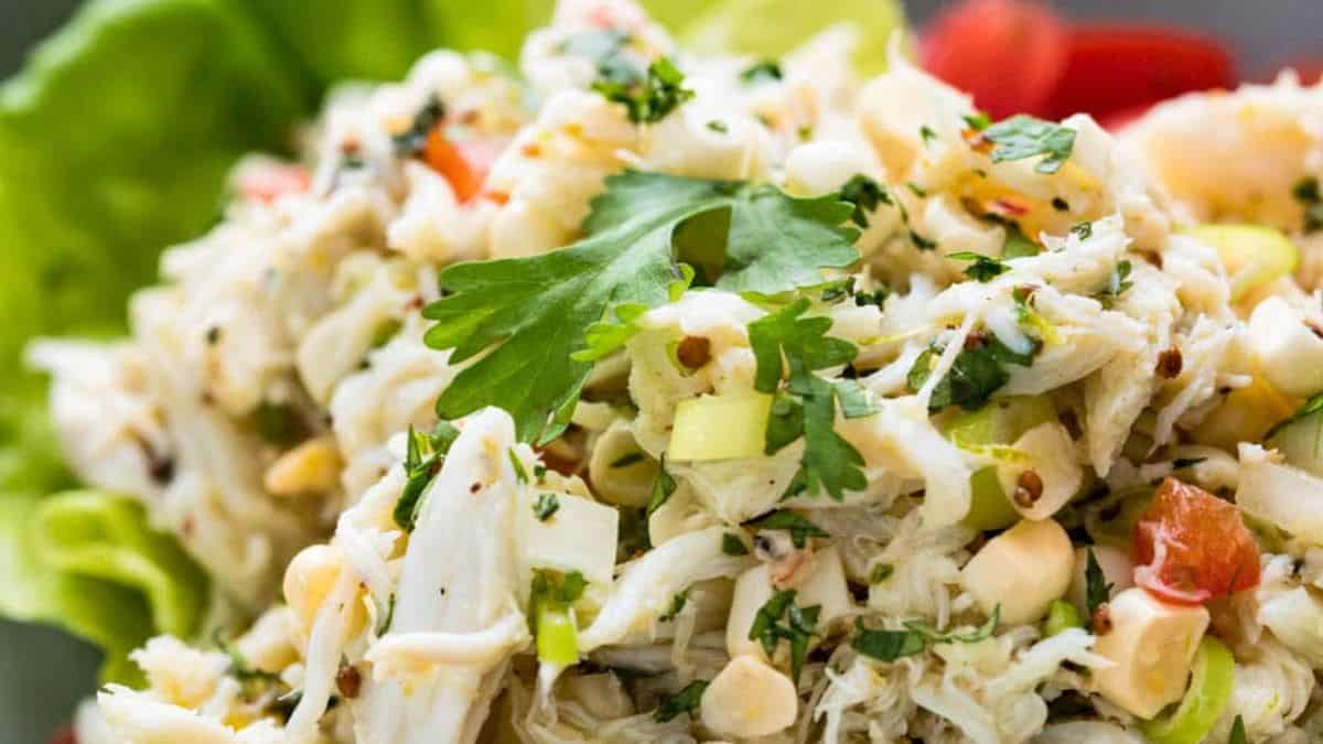 Freshly made sweet corn and crab meat salad.