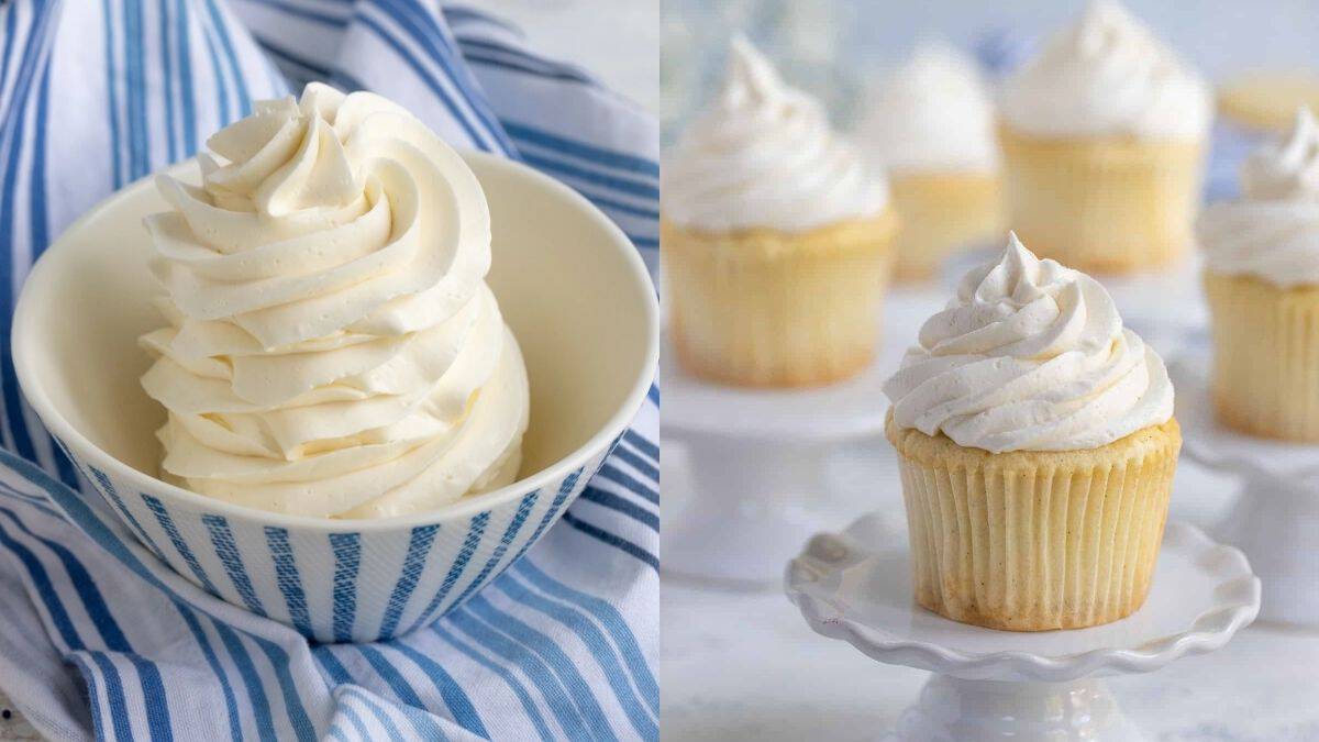 Swiss meringue buttercream in a vanilla cupcake.