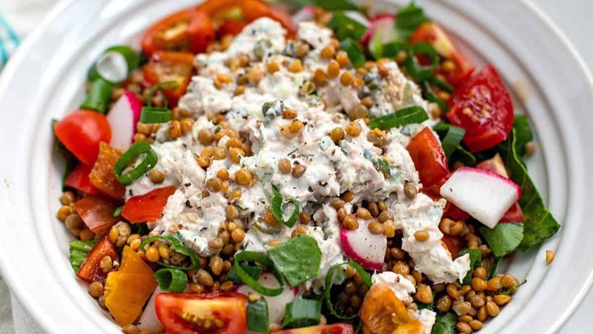 A plate of tuna lentil salad.