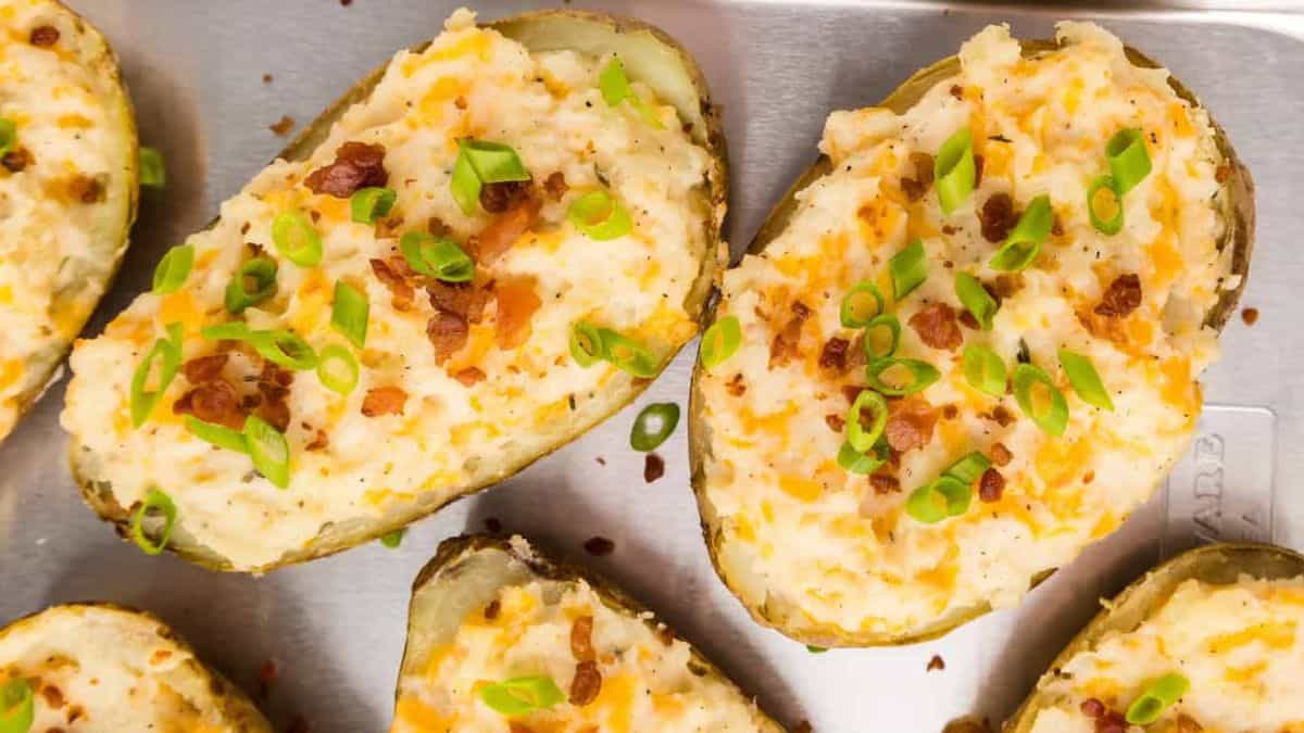 Freshly baked twice baked potatoes.