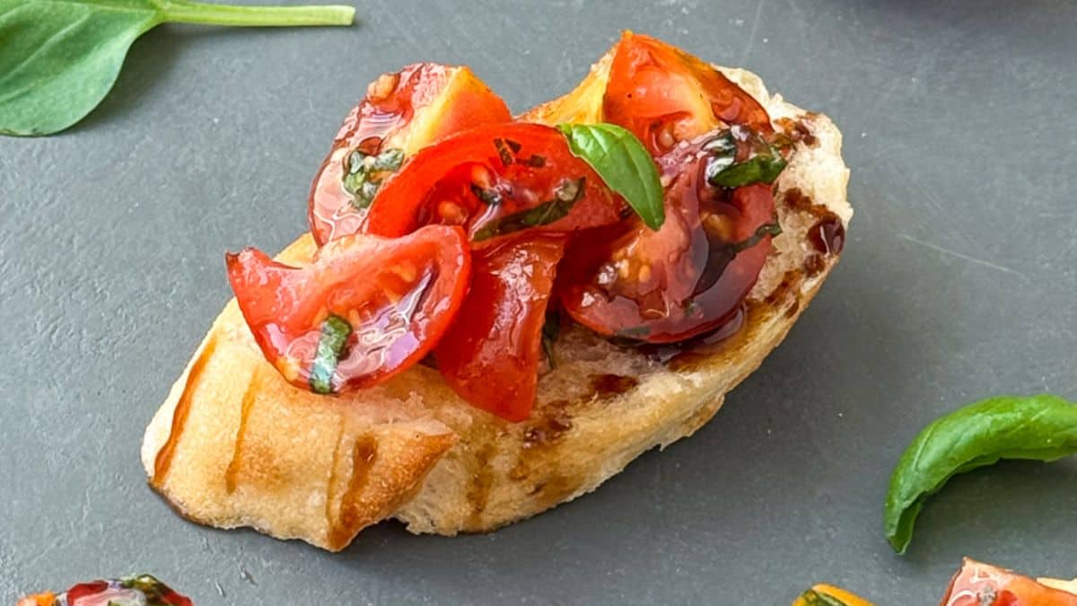 A piece of vegan bruschetta.