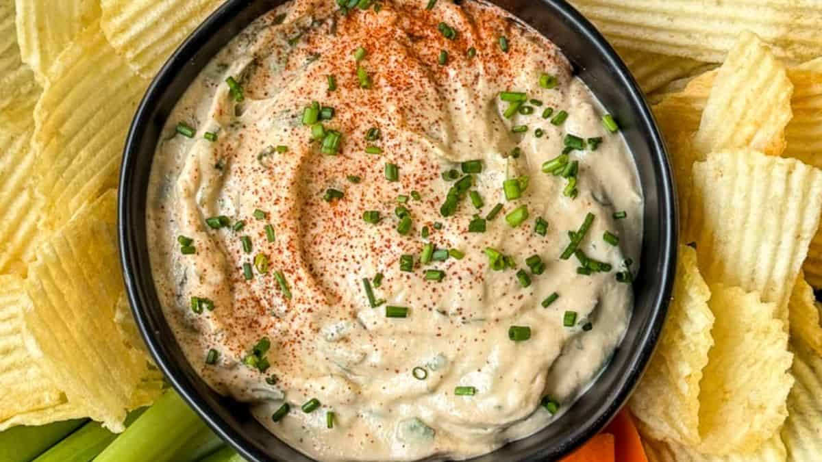 A bowl of vegan French onion dip.