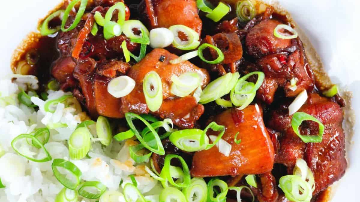 Freshly cooked Vietnamese caramel chicken with coconut water served with rice and garnished with fresh onion spring.