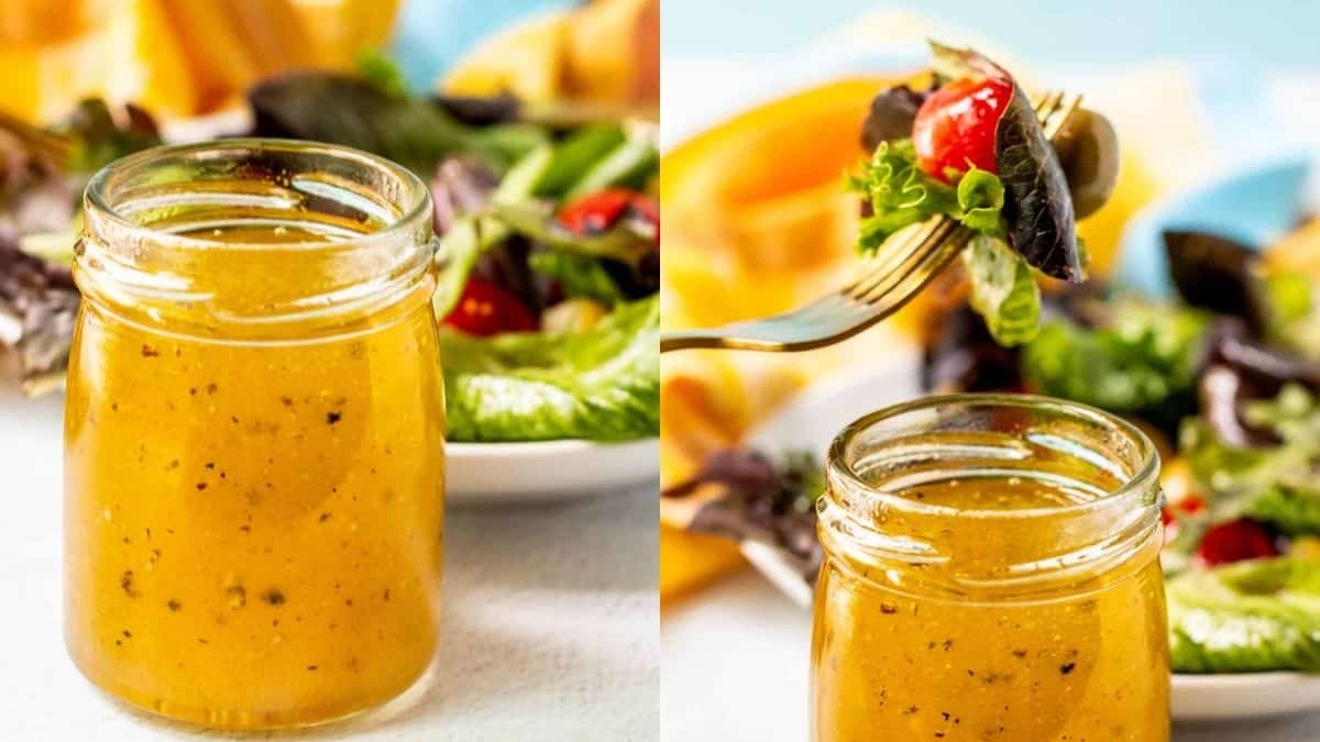 White balsamic vinaigrette in a mason jar.
