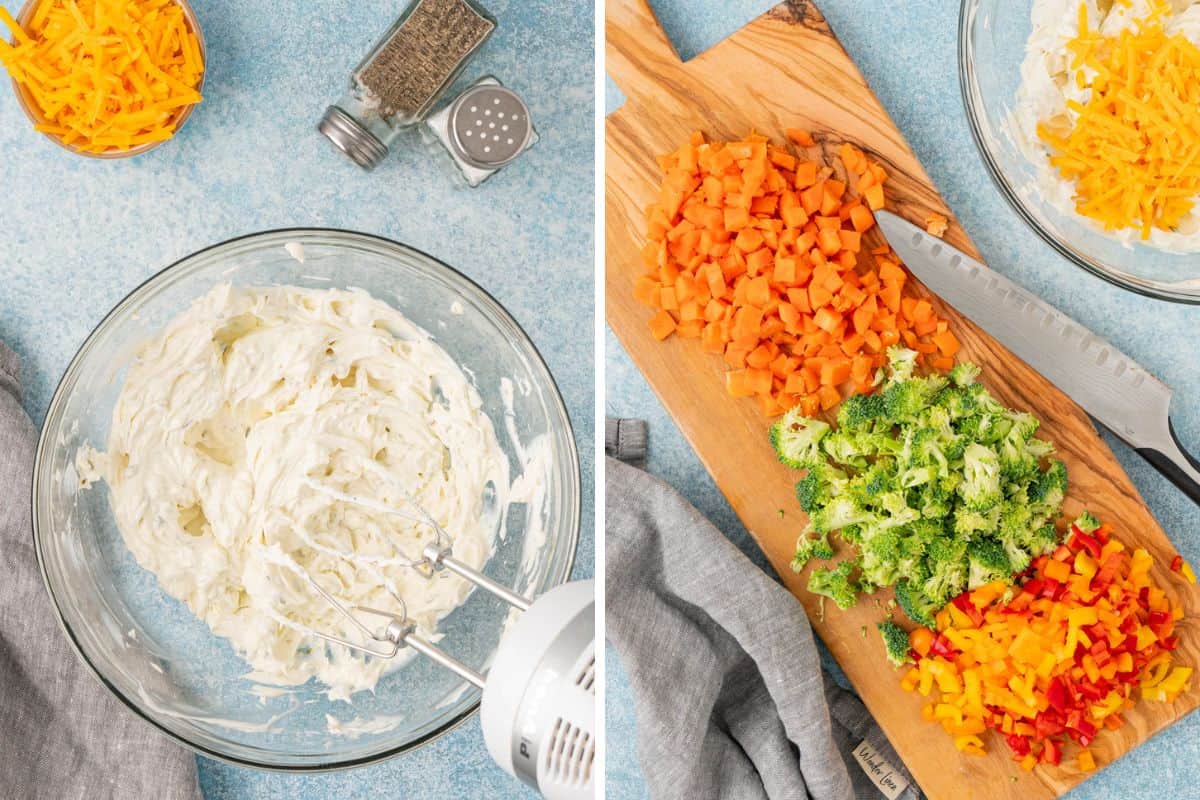Beated cream cheese in a large mixing bowl and the sliced veggie on a chopping board with the knife used.
