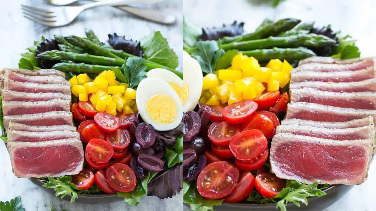 A bowl of Nicoise Salad with Ahi Tuna.