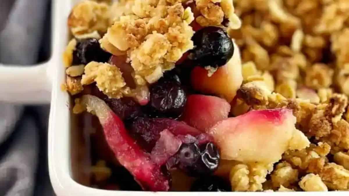 Apple and blueberry crumble in a casserole.