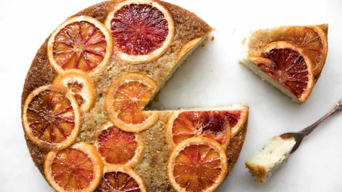 A picture of the blood orange upside down cake.