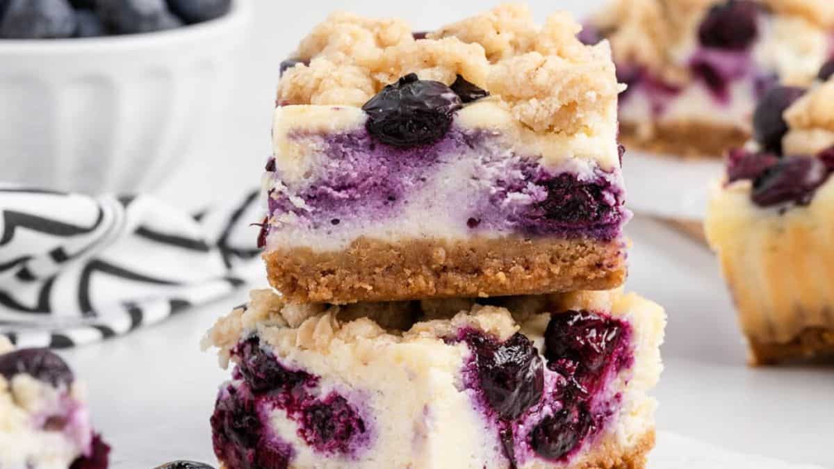 Indulgent blueberry cheesecake bars.