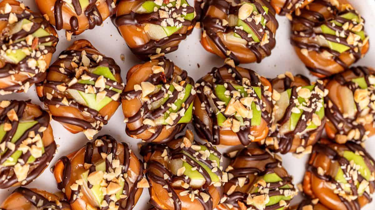 A few pieces of caramel apple pretzel bites.