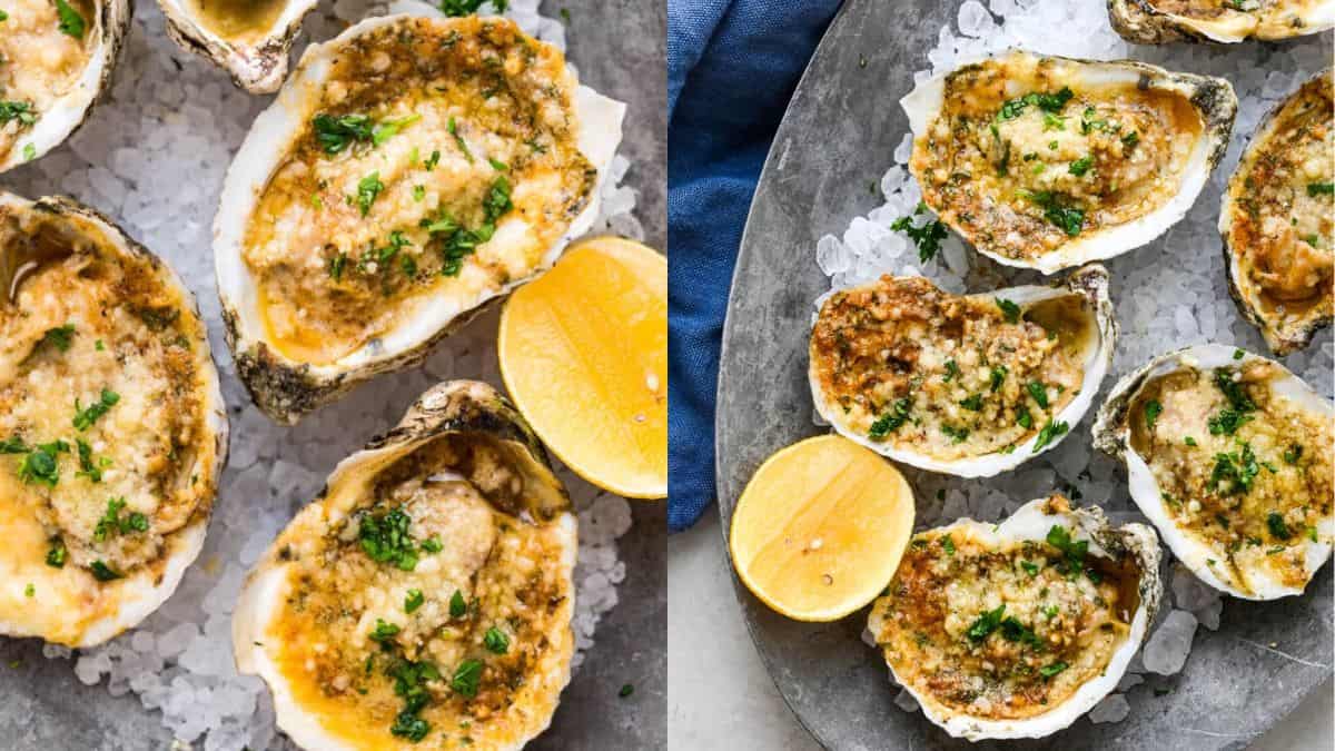 Chargrilled oysters with a lemon on the side, served in a plate.