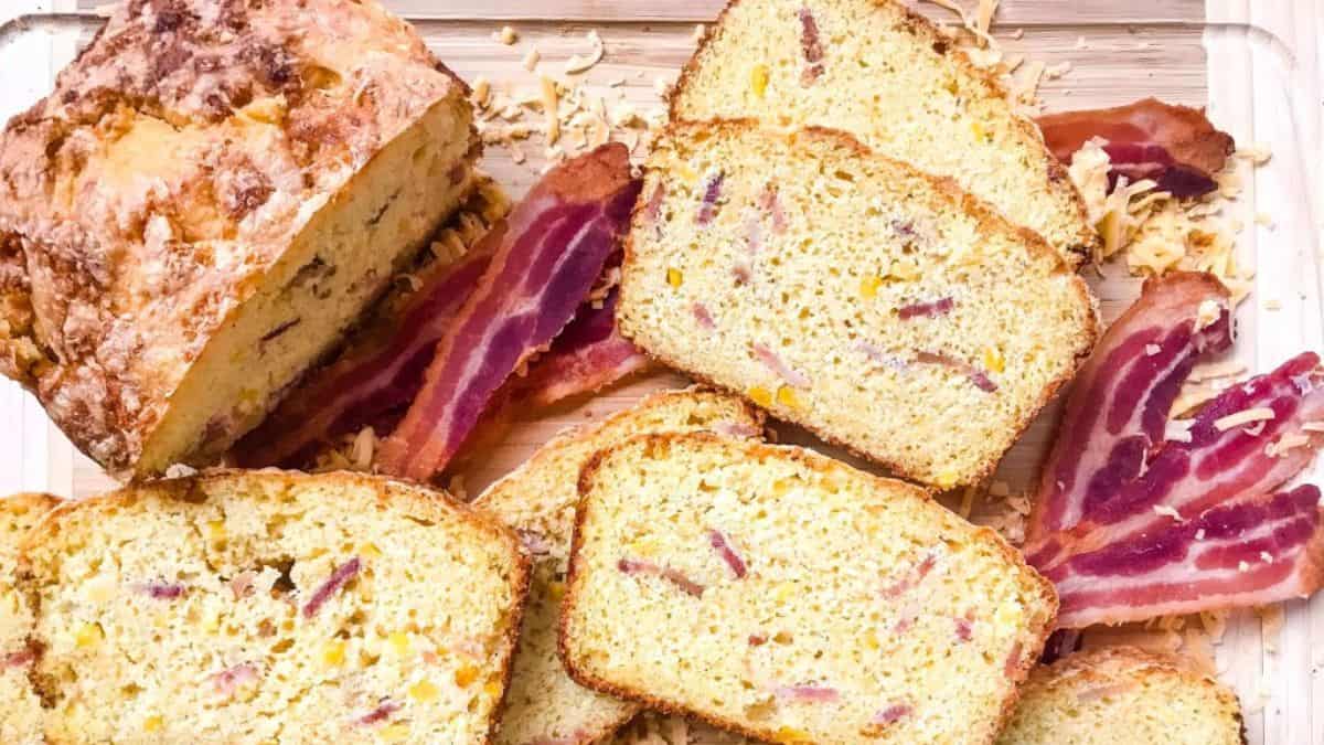 Cheese bacon cornbread sliced.