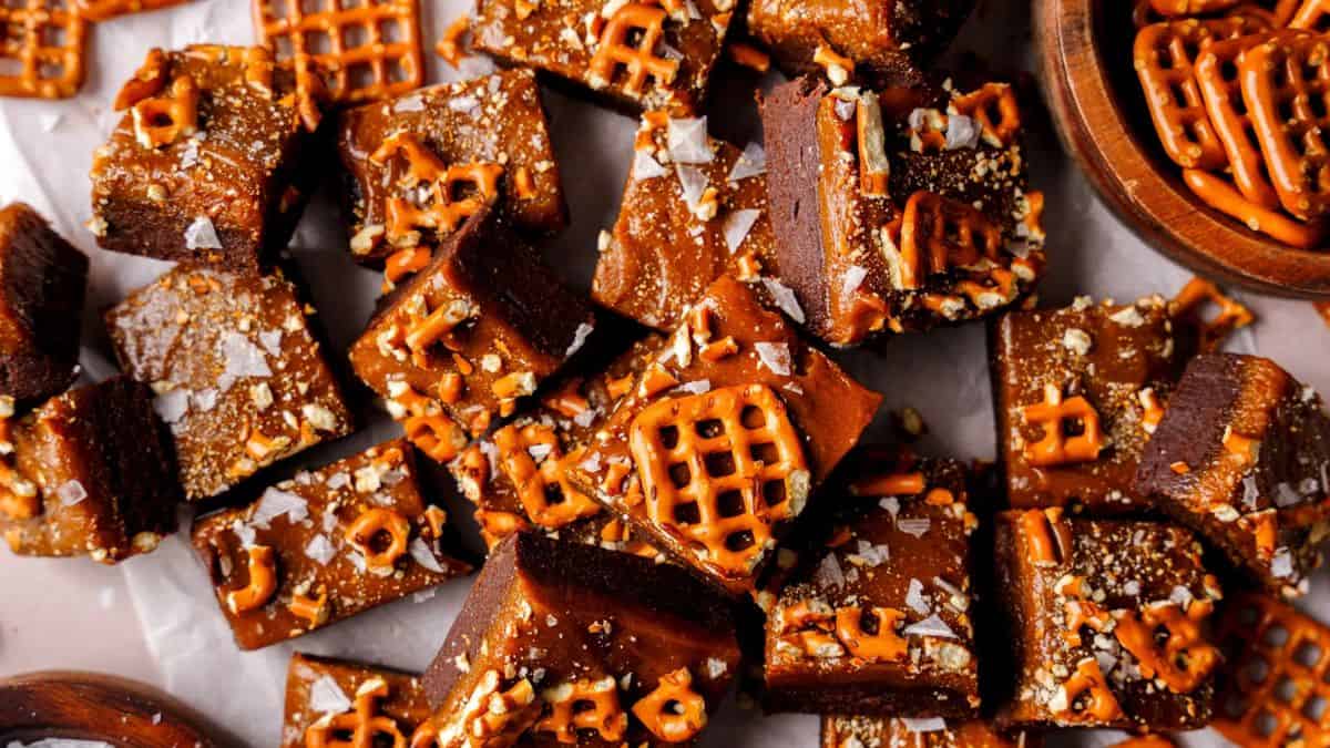 A couple of pieces of chocolate caramel pretzel date fudge.
