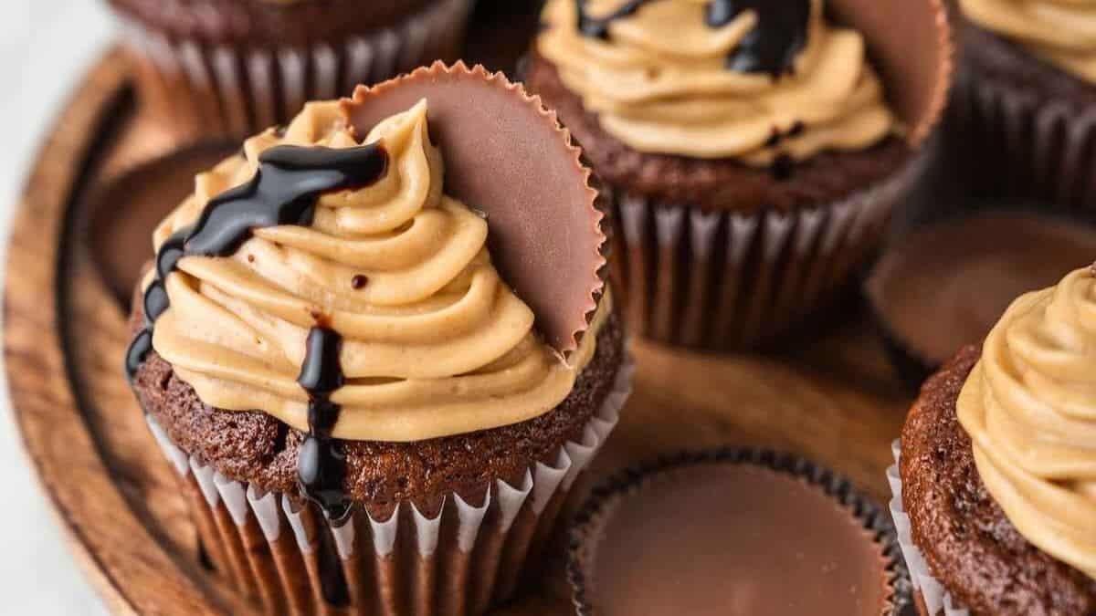 Reese's peanut butter cups on chocolate peanut butter cupcakes.