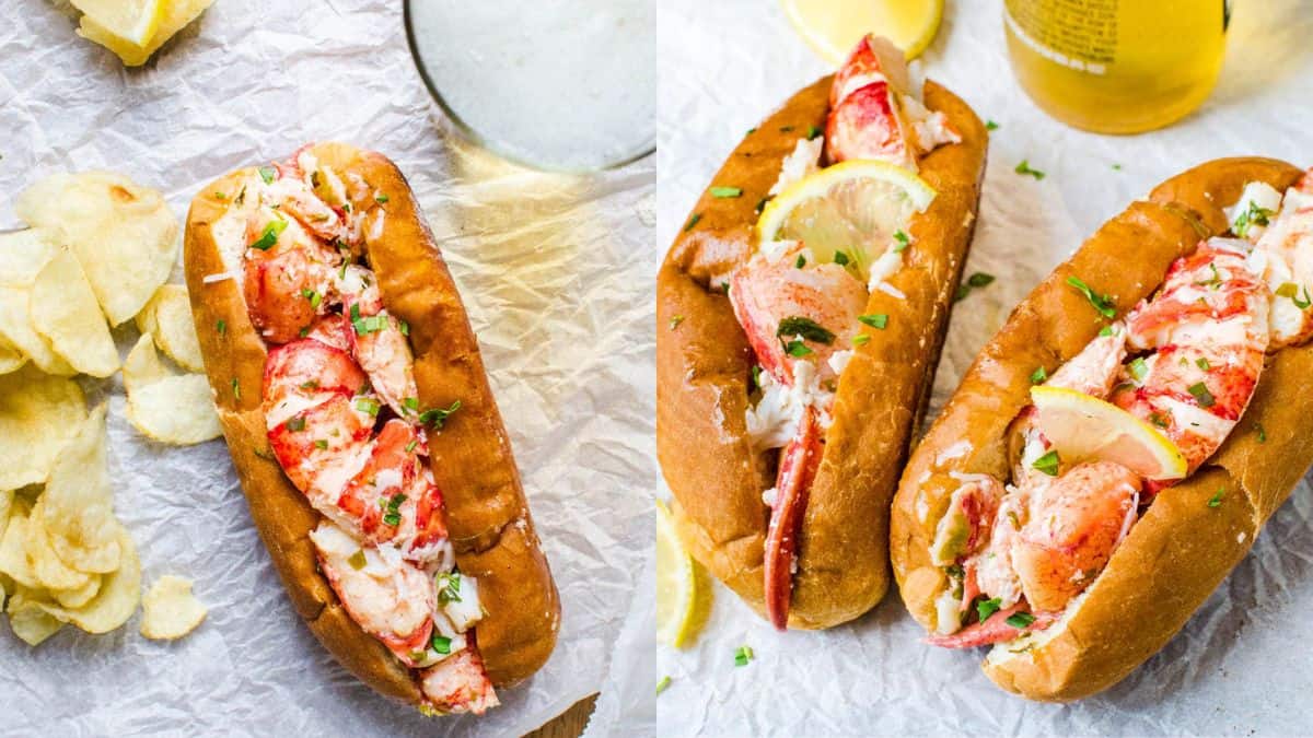 Lobster Rolls with chips and lemon on the side.