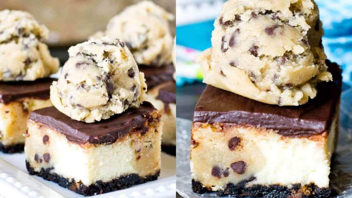 Cookie dough cheesecake bars with a scoop of cookie dough on top.