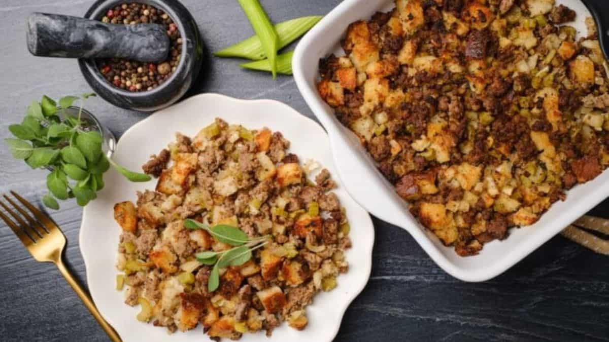 Cornbread sausage stuffing in a plate and casserole.