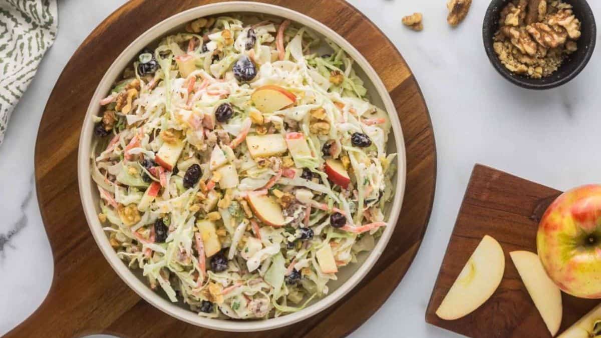 A bowl of creamy cranberry apple slaw.