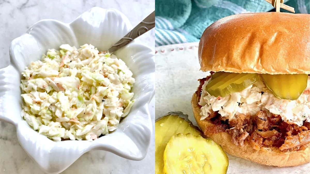 Two pictures side by side. A bowl of creamy southern coleslaw on the left and a burger with some coleslaw and pickles on the right.
